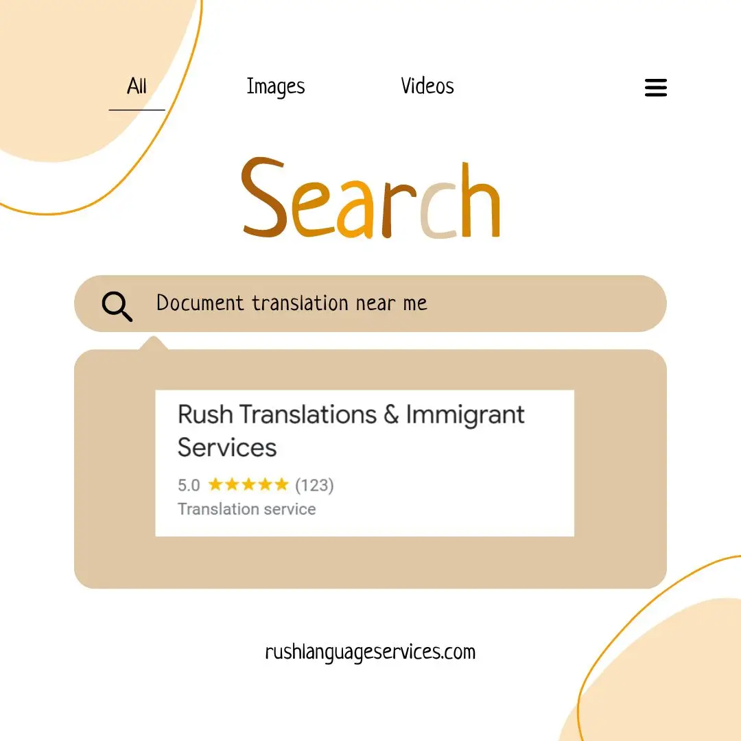 Search results for document translation near me featuring Rush Translations & Immigrant Services with a 5-star rating.