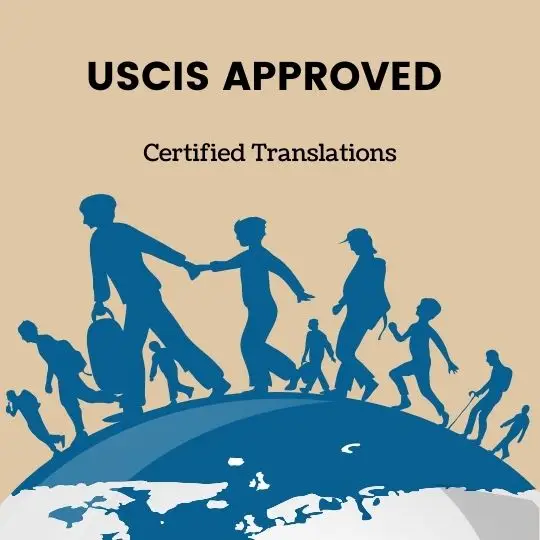 USCIS Approved Certified Translations for Immigration Documents, featuring a graphic of immigrants walking across the globe, symbolizing global migration and legal translation services.