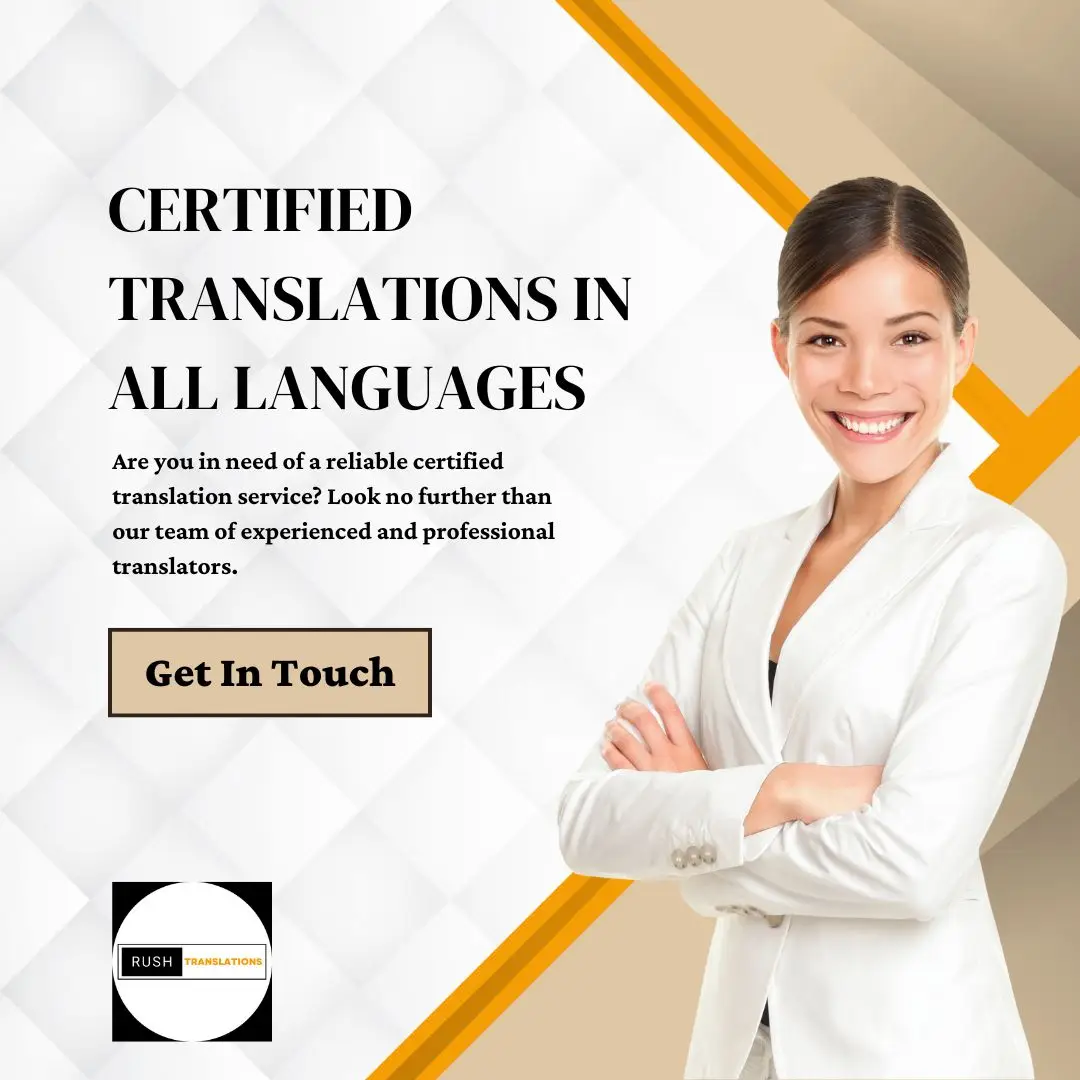 Professional certified translation services in all languages, with a smiling translator and contact information for Rush Translations.