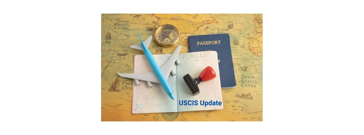 Travel essentials including a passport, open visa page, rubber stamp, airplane model, and compass on a vintage world map.