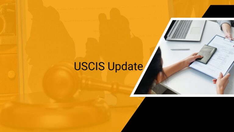 USCIS update announcement with a gavel and a person reviewing documents on a laptop, indicating new policy changes.